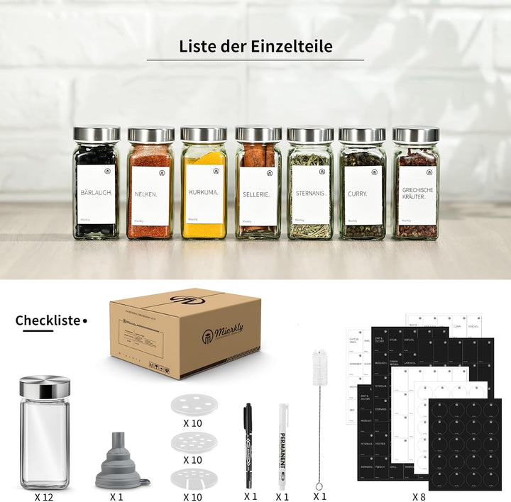 Miorkly Gewürzgläser Eckig Mit Streueinsatz - 12 Stück 120ml Gewürzdosen Mit Edelstahl Deckel, Streu