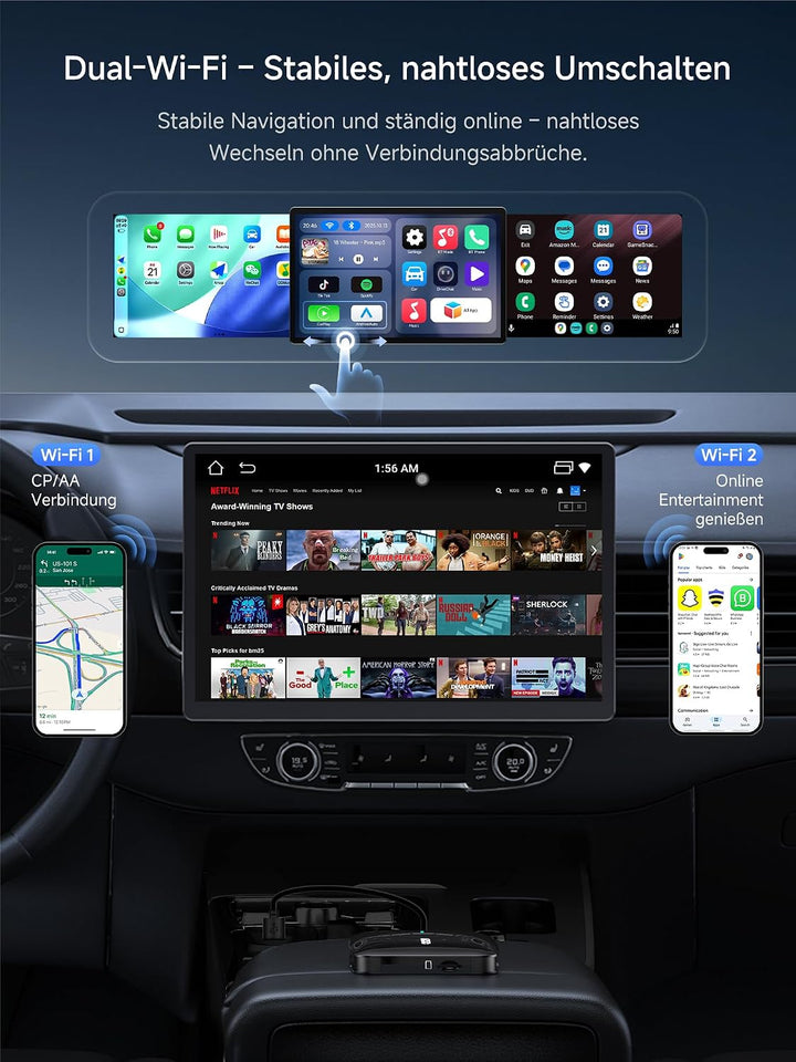 CarPlay Wireless Adapter, Magic AI Box Android Auto mit Dual-WiFi-Stabilität, Kompatibel mit Kabelge