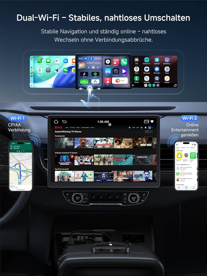 CarPlay Wireless Adapter, Magic AI Box Android Auto mit Dual-WiFi-Stabilität, Kompatibel mit Kabelge