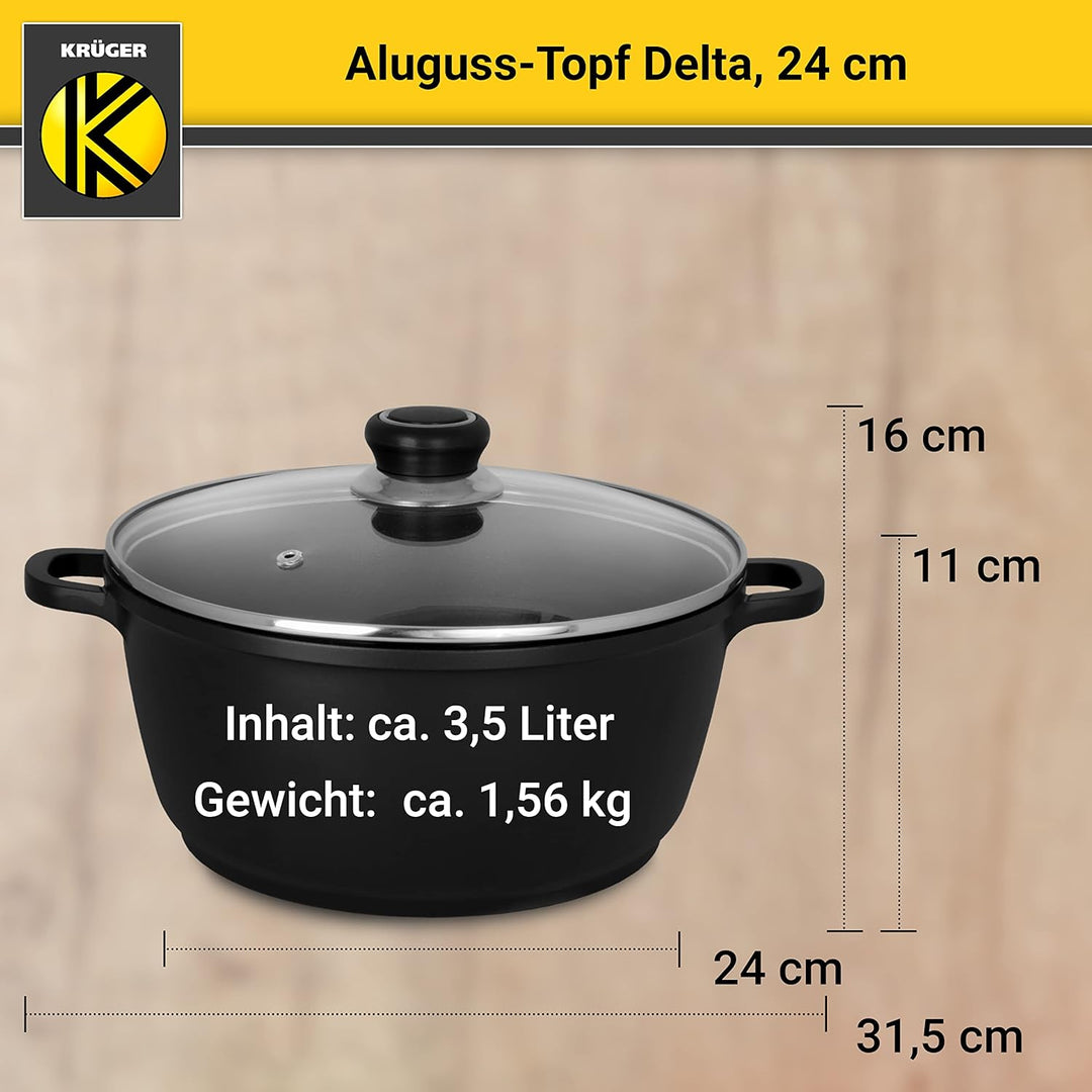 Krüger Aluguss-Topf Delta mit Glasdeckel - 24 cm - Kochtopf für gesunde & fettarme Speisen - geeigne