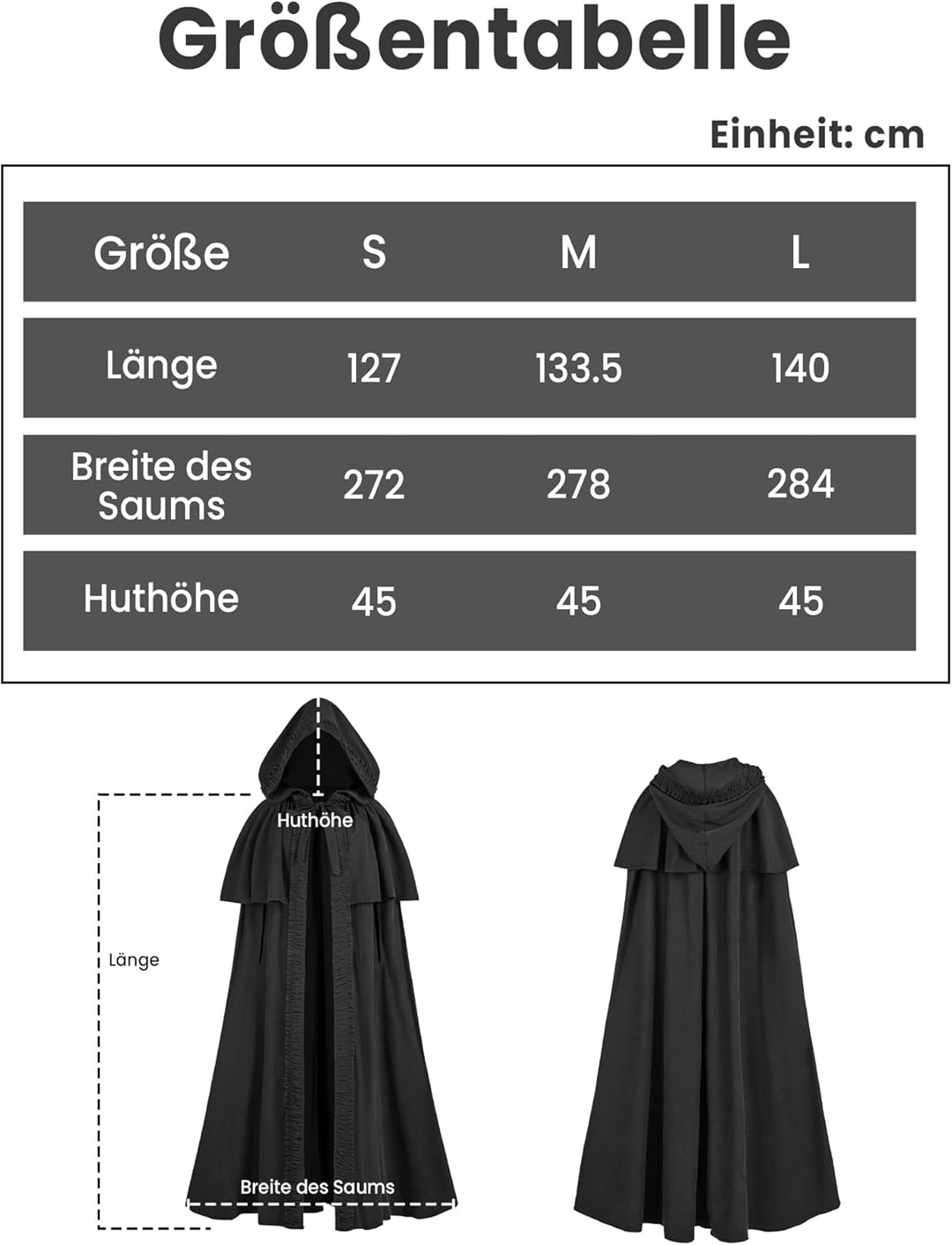Mittelalter Umhang Damen mit Kapuze – Halloween Cape Vampir Kostüm Hexe Frauen Umhang Schwarz Vampir