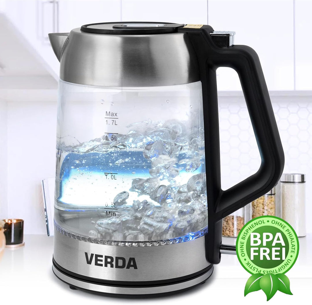 Wasserkocher 1,7L (2200W) Edelstahl, LED-Beleuchtung, Kalkfilter, OneTouch-Verschluss, Kabelaufwickl
