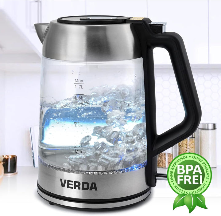 Wasserkocher 1,7L (2200W) Edelstahl, LED-Beleuchtung, Kalkfilter, OneTouch-Verschluss, Kabelaufwickl