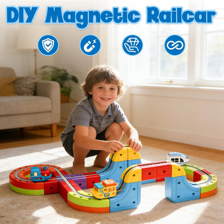 Magnetisches elektrisches Zugschienen-Set, Geschenk für Kinder, 3–10 Autos, 3D-Unendlichkeitswürfel,