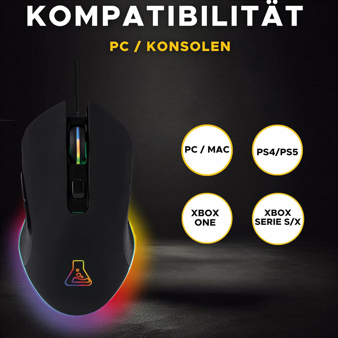 THE G-LAB Kult Helium USB-Gamer-Maus mit Kabel - Optischer Sensor mit 800 bis 6400 DPI, 7-farbige LE
