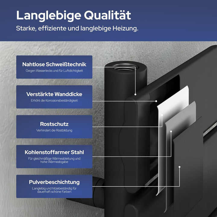 VILSTEIN Bad Heizkörper, Horizontal, Schwarz, Seitenanschluss und Mittelanschluss, 800x500 mm 407W -