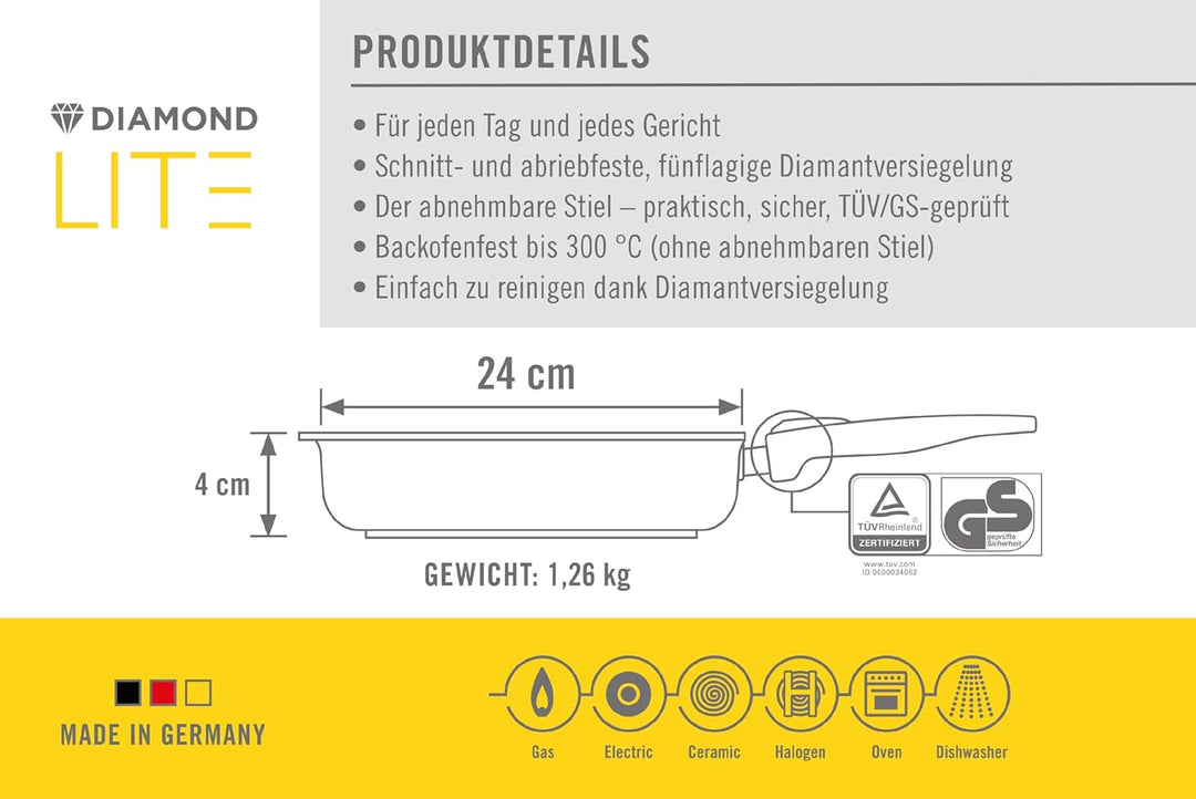 Woll – Diamond Lite Grillpfanne 24×24 cm viereckig mit Rillen & abnehmbarem Stiel – Antihaftpfanne a