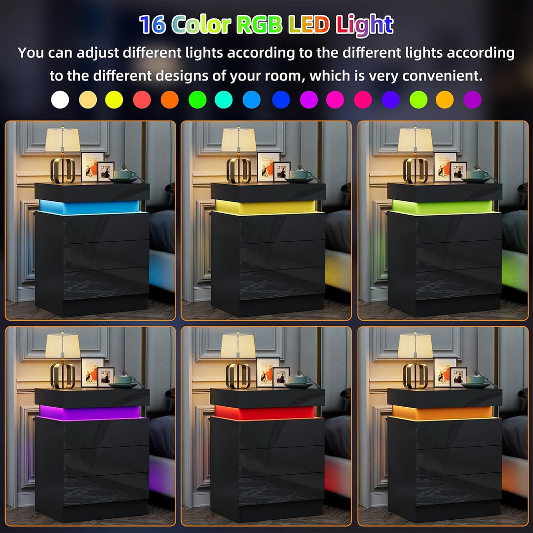 PIPIPOXER Nachttisch 2er Set mit LED, Hochglanz Nachtschrank mit 3 Schubladen und Versteckte Obere S