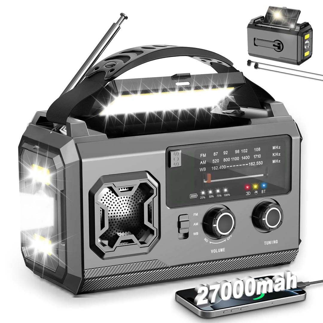 LIFOCI Kurbelradio - 27000mAh Notfallradio mit Kurbel und Solar, Tragbar Solar Notfall Radio mit AM/