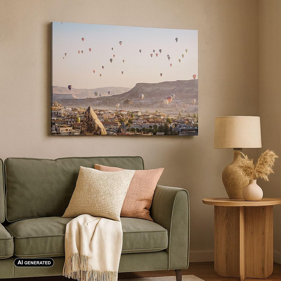 Bilder auf Leinwand 100x70cm Leinwandbild mit Rahmen Berge Ballon Flug Gross Wanddeko Bild Schlafzim