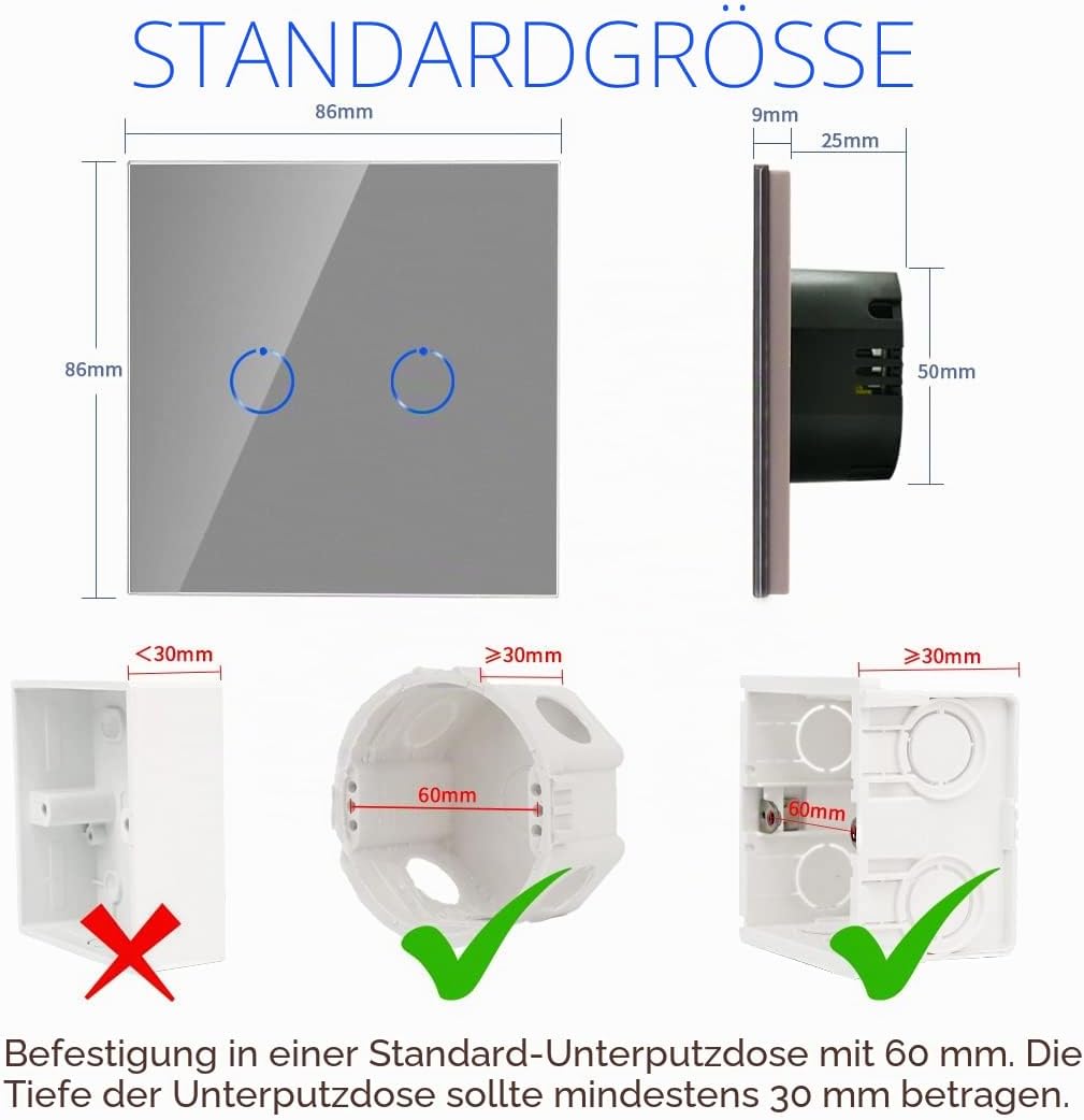 2er-Pack CNBINGO Wechselschalter unterputz - Touch Lichtschalter zweifach - Wandschalter Grau - Berü