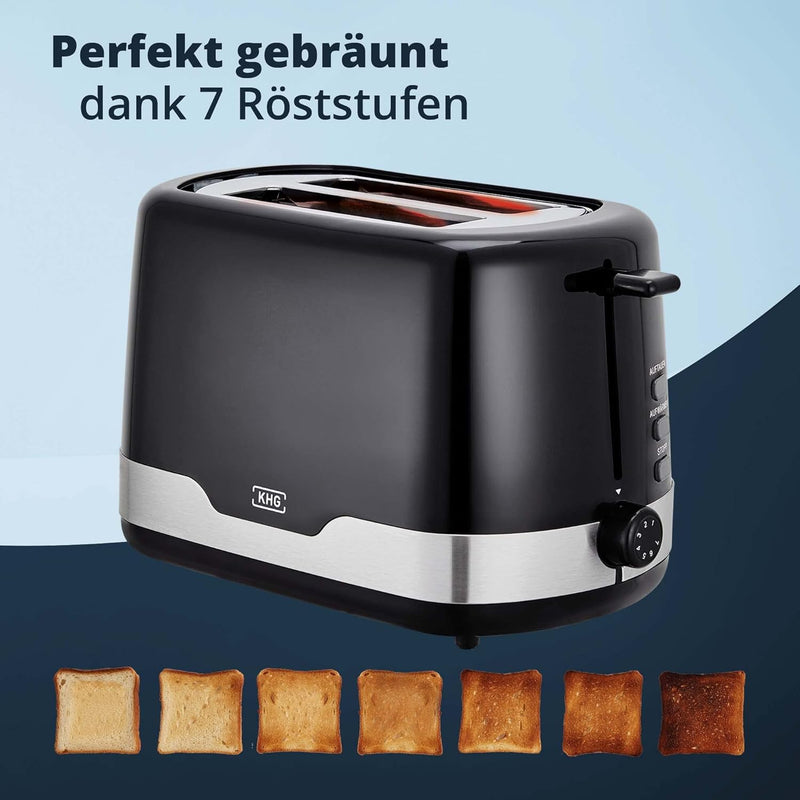 KHG Toaster TO-857 WE2 | Toaster 2 Scheiben Edelstahl Schwarz 850 W | mit Brötchenaufsatz, 7 Bräunun