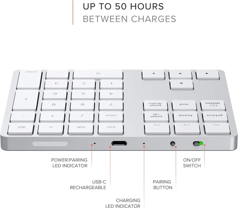 Satechi Bluetooth Extended Numeric Keypad – Schlanker wiederaufladbarer 34-Tasten-Nummernblock – Kom