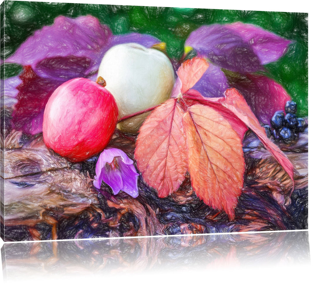 Pixxprint Äpfel und Blätter im Herbst als Leinwandbild | Grösse: 100x70 | Wandbild| Kunstdruck | fer
