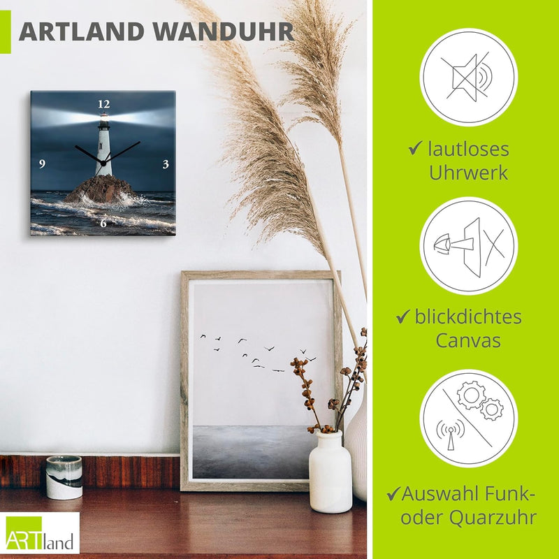 ARTLAND Wanduhr ohne Tickgeräusche Leinwand Quarzuhr 30x30 cm Quadratisch Lautlos Meer Leuchtturm Na