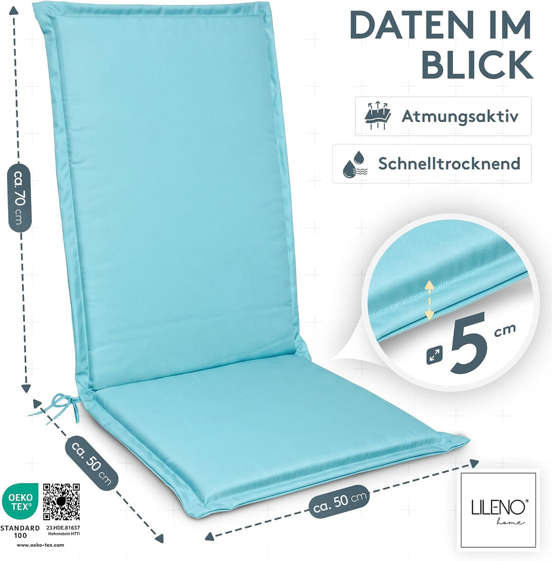 LILENO HOME Gartenstuhl Auflagen [2er Set - Hochlehner] in Aqua - Bequeme Liegen als Sitzauflagen fü