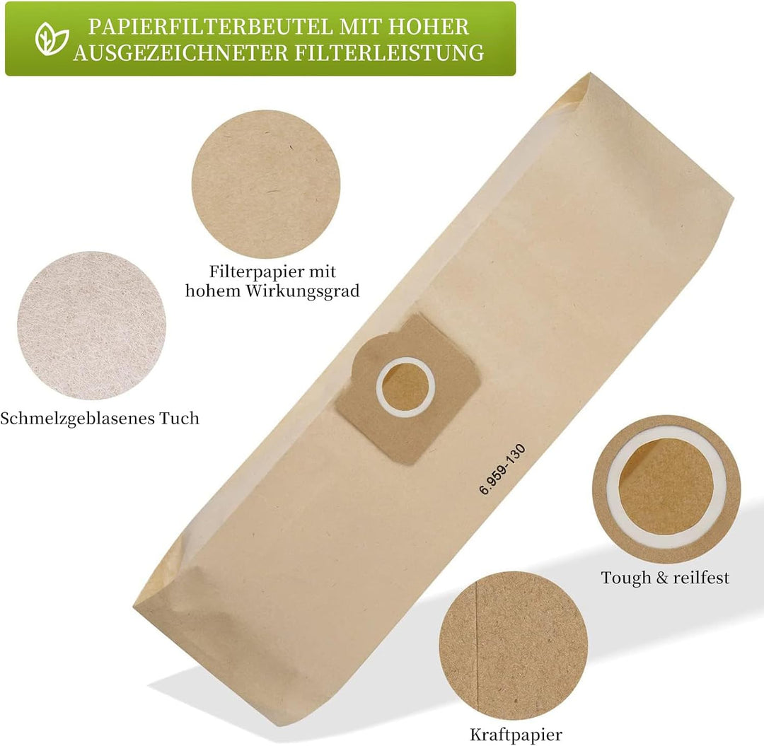 15 Stück Papierfilterbeutel für Kärcher 6.959-130.0, WD3 Staubsaugerbeutel