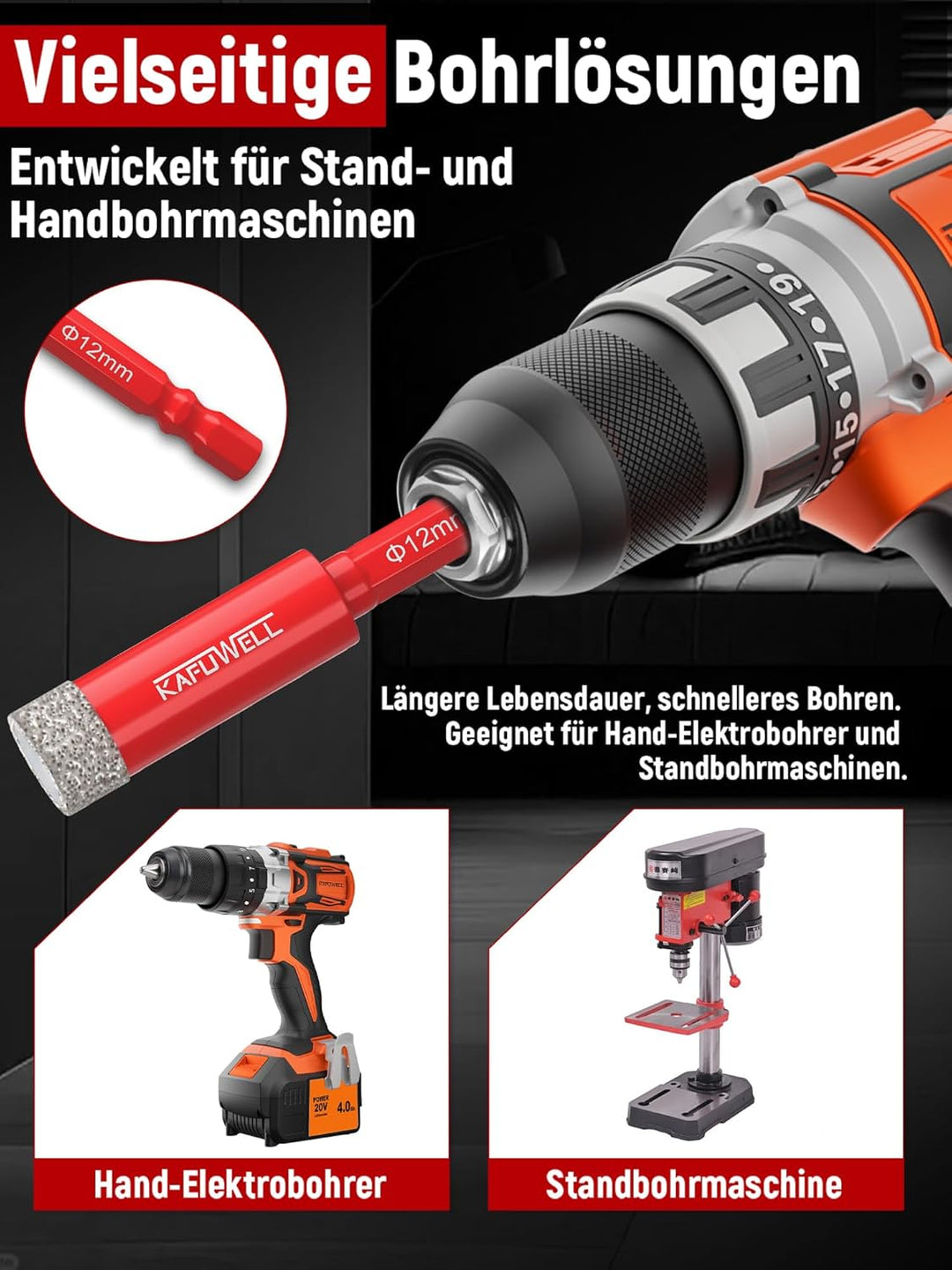 Fliesenbohrer Diamantbohrer Profi-Set 6tlg, 5-12mm Glasbohrer & 6mm Karbid-Anbohrer, 1/4" Sechskant