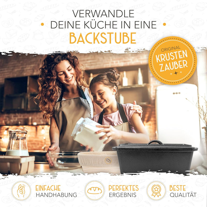 KRUSTENZAUBER Brotbackform mit Deckel inkl. Gärkorb - Robuste 28cm Backform aus Gusseisen - Ideal al