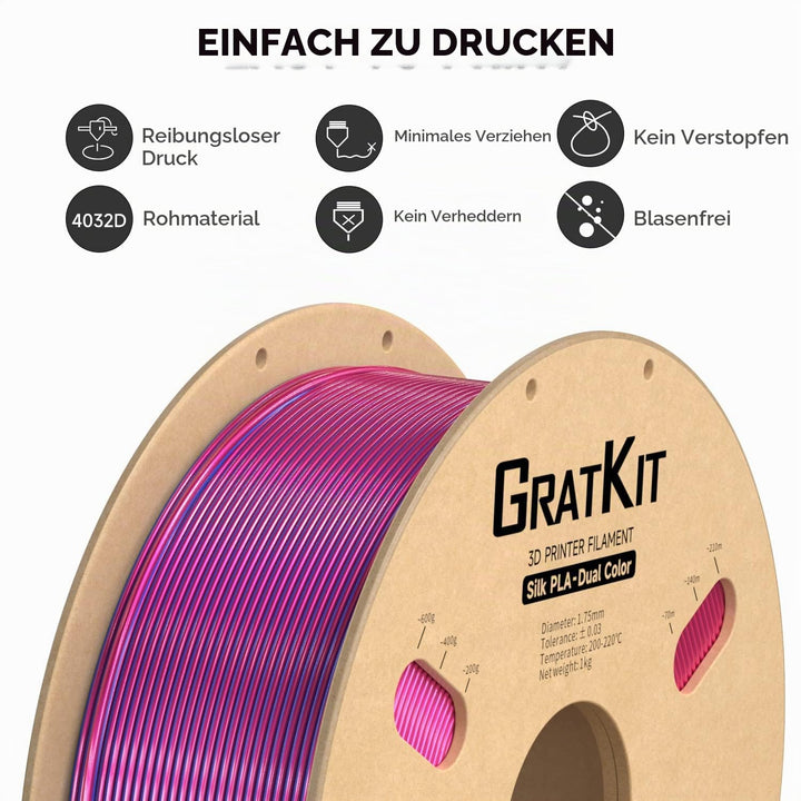 GratKit Dual Zweifarbig Seide PLA Filament 1.75mm, -0.03mm, Coextrusion PLA Filament, 3D Drucker Fil