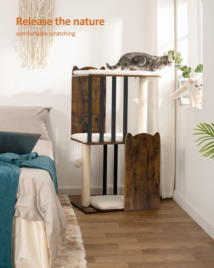 FourFurPets 3-stufiger moderner Kratzbaum, 111 cm hoch, Katzenbaum, mit 2 Voll Sisal Kratzsäulen, 3