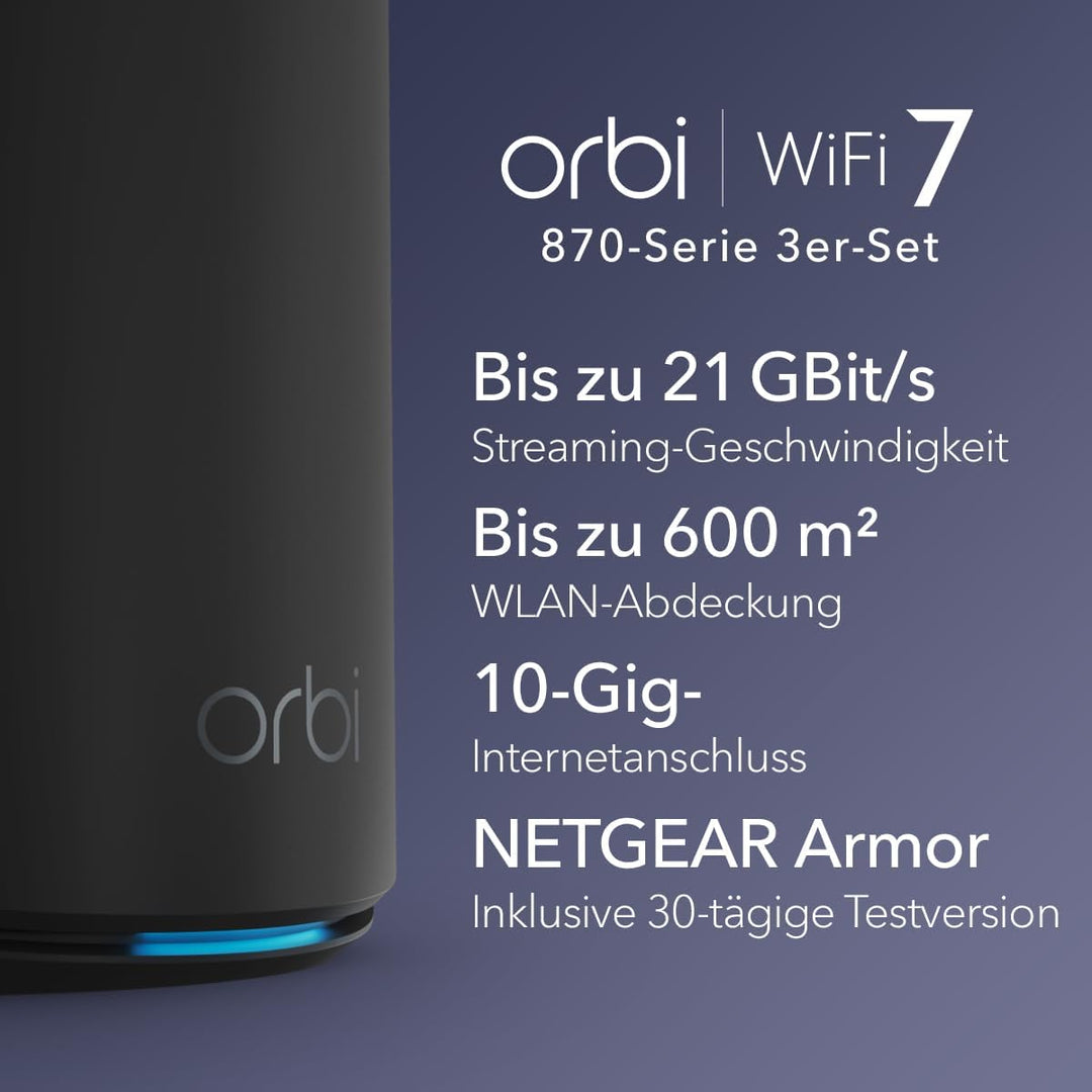NETGEAR Orbi 870-Serie Tri-Band WiFi 7-Mesh-System (RBE873B) – Router + 2 Satelliten-Repeater, Siche
