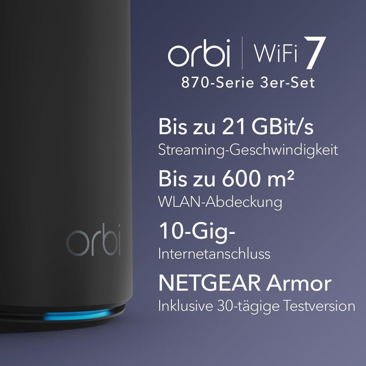 NETGEAR Orbi 870-Serie Tri-Band WiFi 7-Mesh-System (RBE873B) – Router + 2 Satelliten-Repeater, Siche