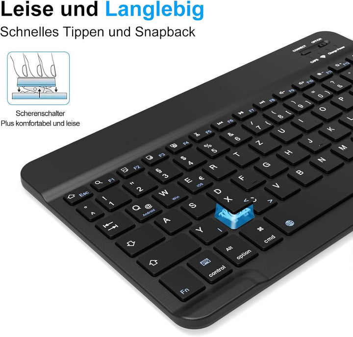 ZOYU Bluetooth Tastatur mit QWERTZ Layout für iPad Air, Pro, 10,2, 9,7, Mini, Tablets, PC, Windows,