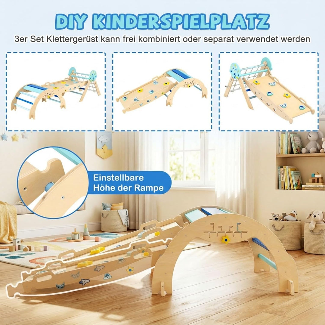 COSTWAY Klettergerüst Indoor 3er Set, klappabres Kletterdreieck mit Rutsche, Kletterbogen, Netz, ink