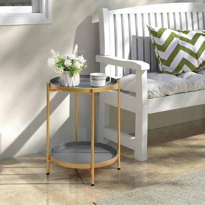 HollyHOME Rund Beistelltisch, 2 Ebenen Beistelltisch Metalltablett, Snacktisch, Balkontisch, Teetisc