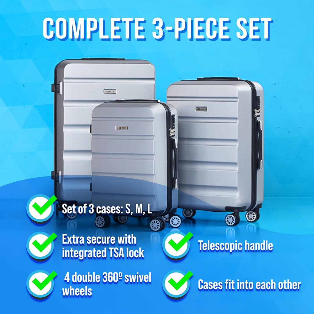 Leonardo® Kofferset 3 teilig mit TSA-Schloss | Koffer Trolley mit 4 Doppelten Rollen | Reisekoffer |