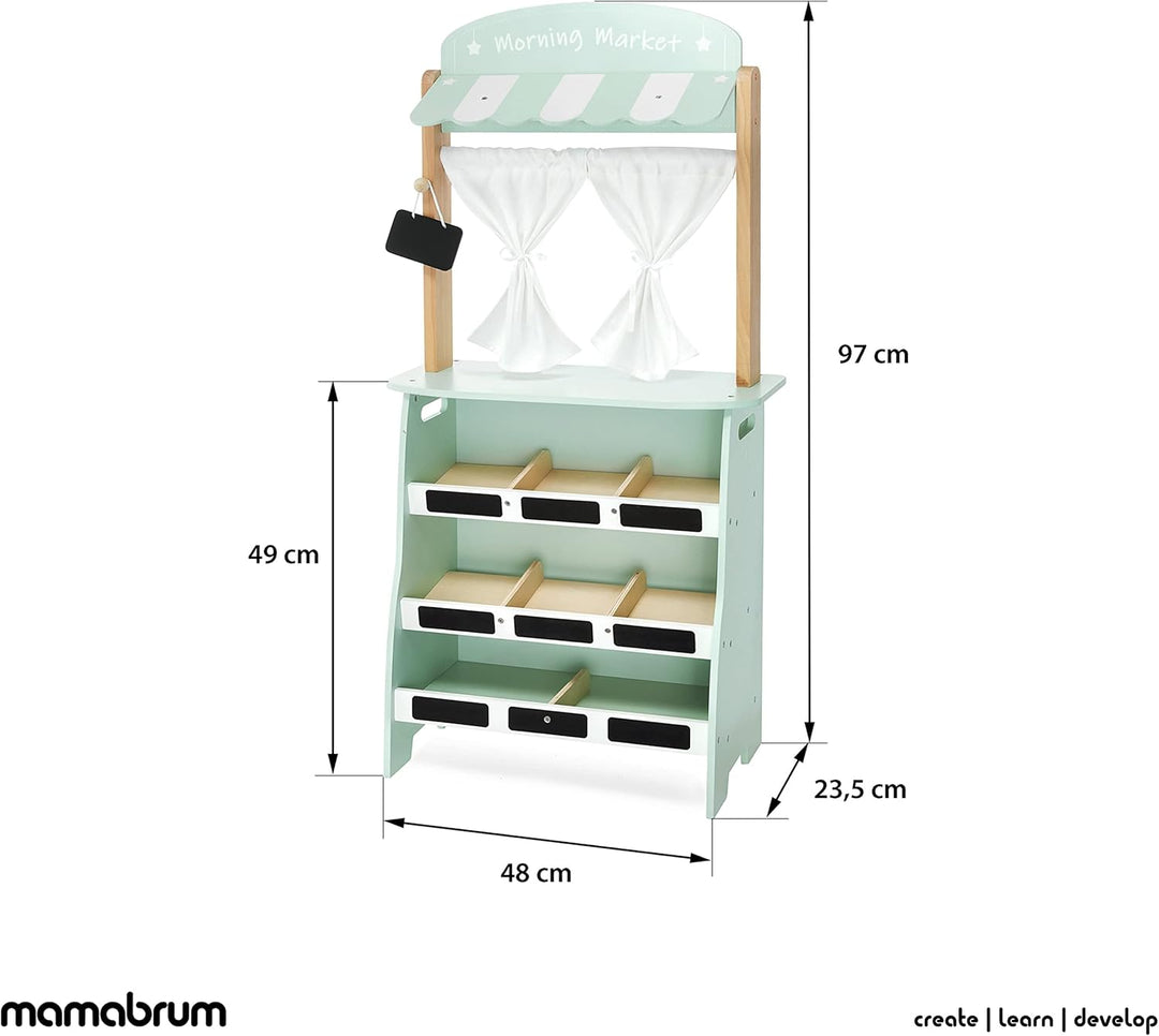 mamabrum 2-in-1 Kaufladen & Theater-Set, Holz-Marktstand mit Waage & Bezahlterminal, 16-teilbares Ob
