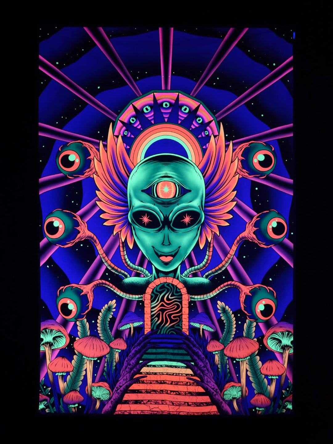 PSYWORK Schwarzlicht Stoffposter Neon | Alien Godness | 1,5 x 2,25m | UV-aktiv | fluoreszierend | Wa