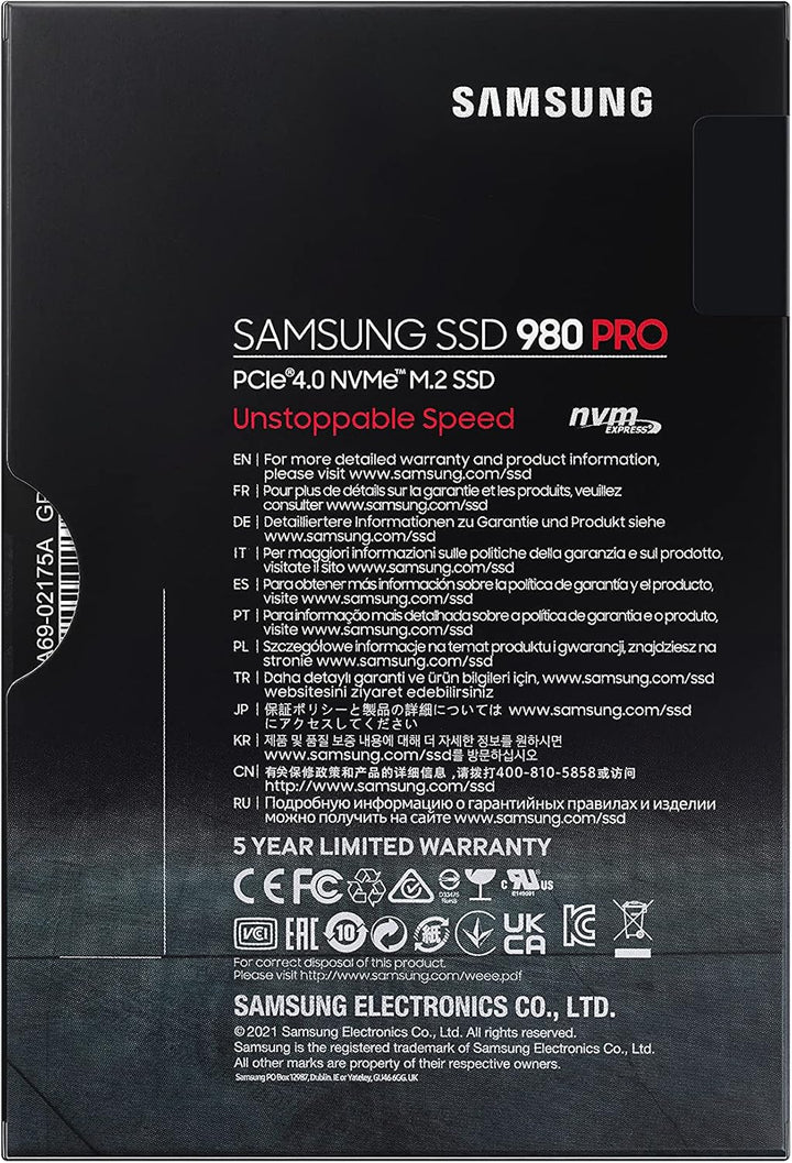 Samsung 980 PRO NVMe M.2 SSD, 1 TB, PCIe 4.0, 7.000 MB/s Lesen, 5.000 MB/s Schreiben, Interne SSD fü