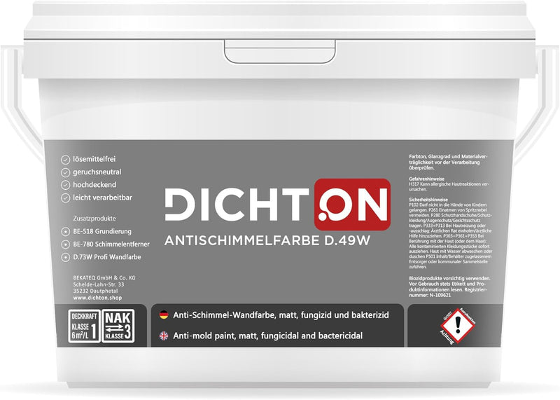 DICHTON Anti Schimmel Farbe 2,5l weiss matt - Feuchtraumfarbe, Antischimmelfarbe, Wandfarbe mit hohe