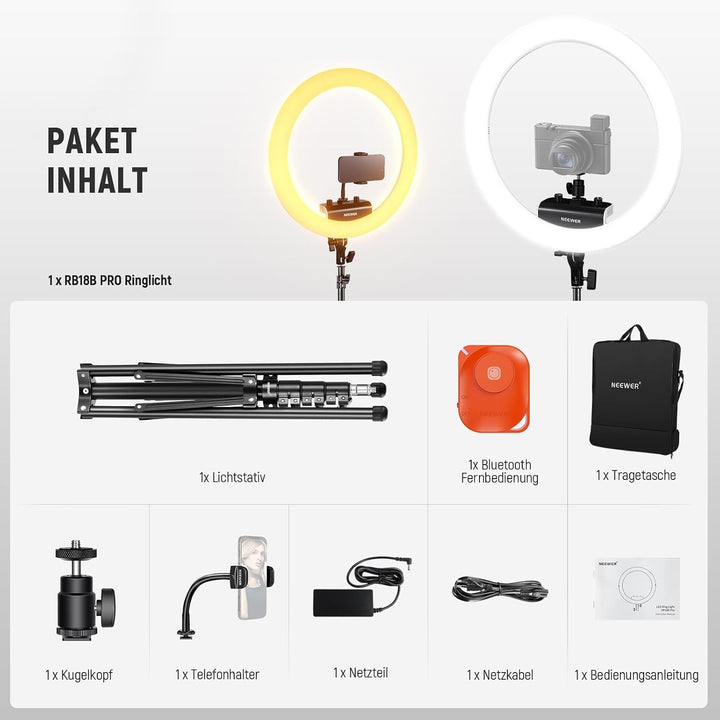 NEEWER Professionelles Ringlicht mit Ständer und Telefonhalter, 18" dünn, 45W 2900K-7000K TLCI98, Fe