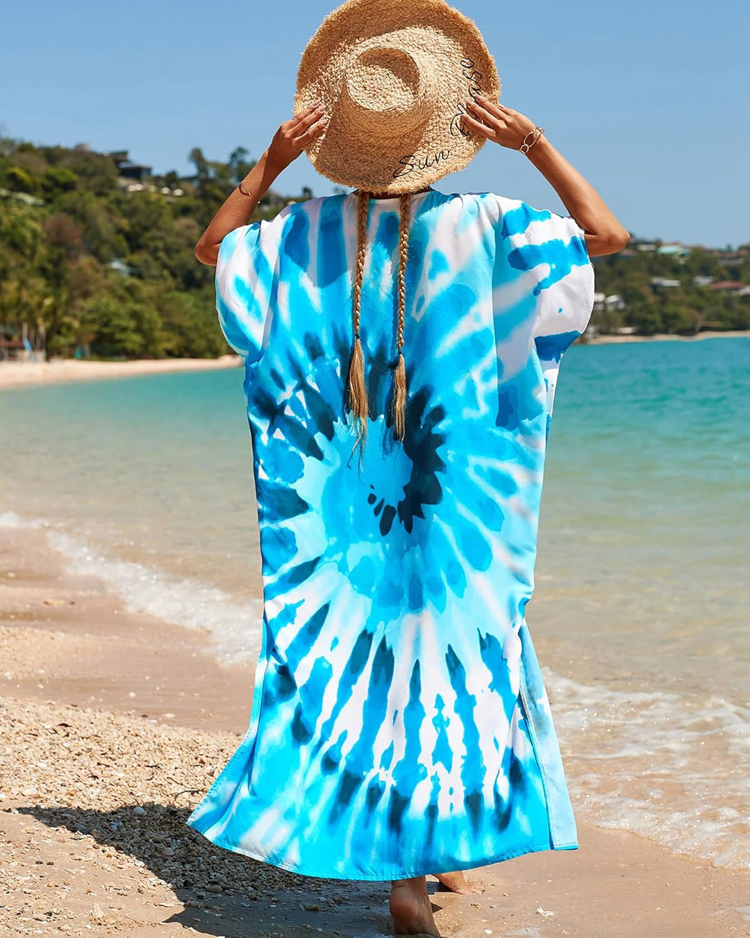 Bsubseach Lose Kaftan Kleider für Frauen Kurzarm Badeanzug Cover Up Casual Urlaub Outfits Blaue Wirb