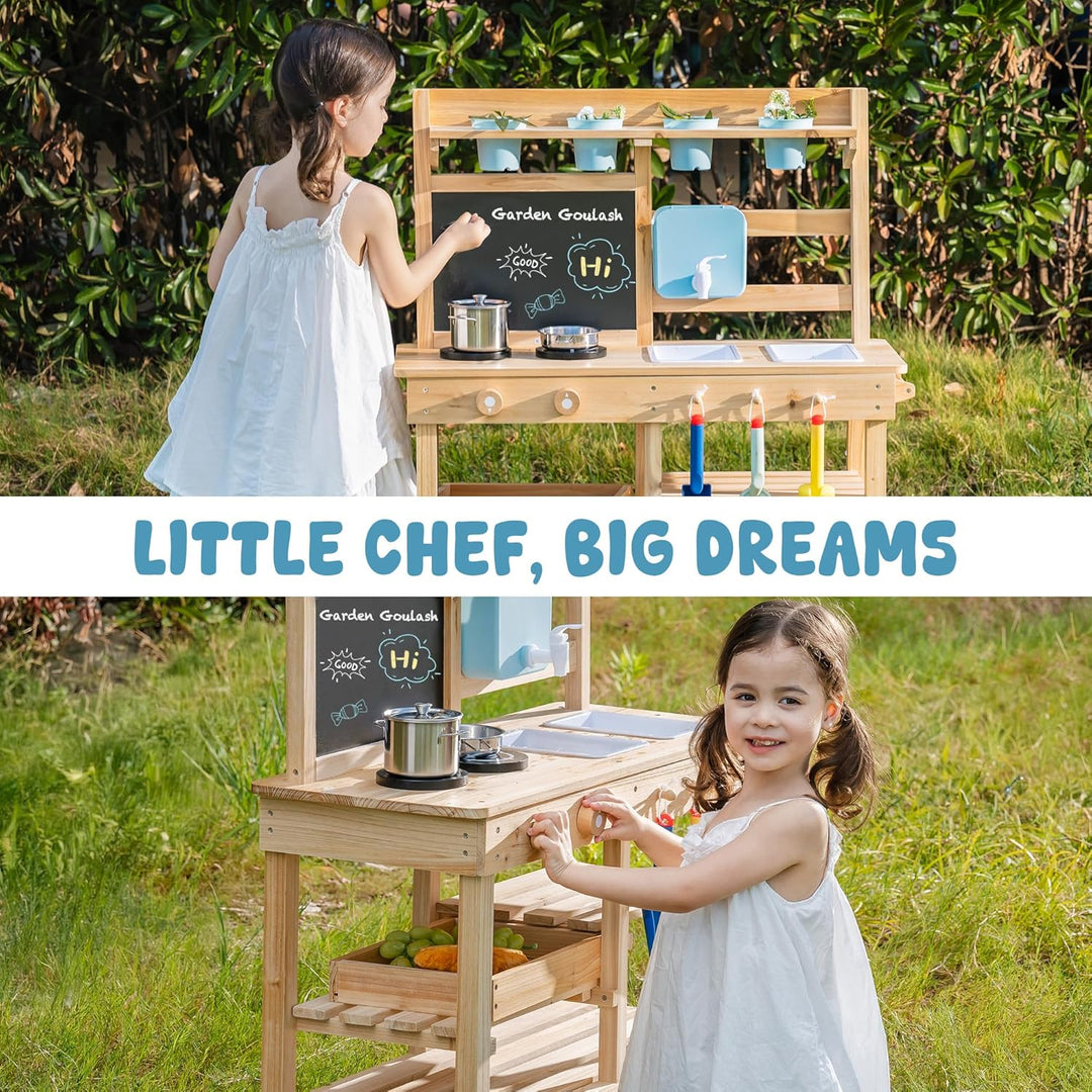 ROBUD Holz-Schmutzküche für Kinder, Spielküche für draussen mit echtem Wasserhahn, Abnehmbarer Spüle