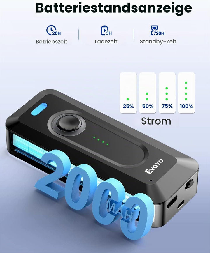 Eyoyo 2D Bluetooth Barcode Scanner mit Klipp, 2000mAh Akku mit Füllstandsanzeige, tragbarer Mini Wir