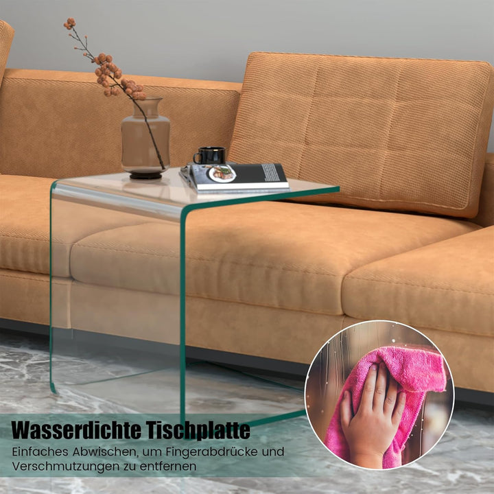 COSTWAY Beistelltisch Glas, Nachttisch U-förmig, transparenter Glastisch quadratisch, Wohnzimmertisc