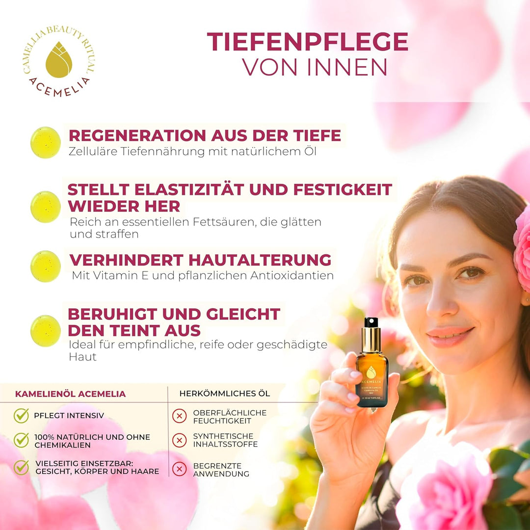 Bio-Kamelienöl 100% naturrein | Feuchtigkeitsspendend und nährend für Gesicht, Haare und Körper | So