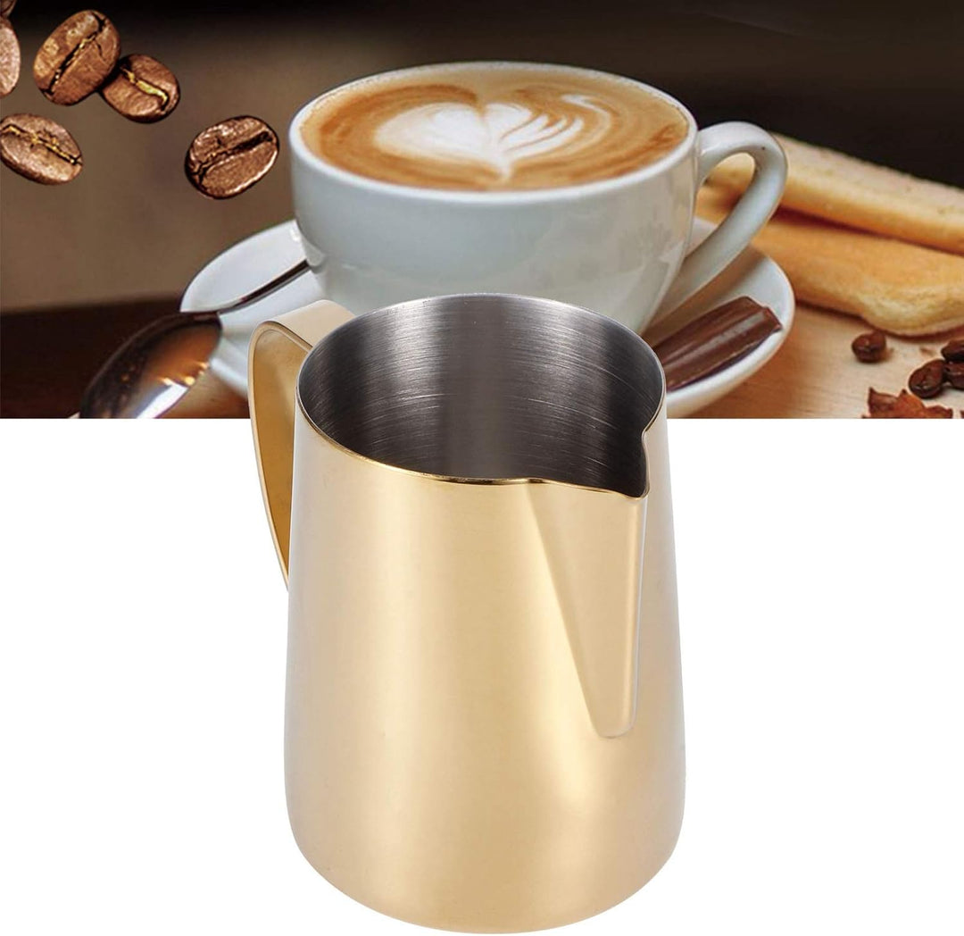 Milchschaum Krug, Gold Edelstahl Milchkännchen Aufschäumkännchen mit Spitzer Ausguss Kaffee Dampfkru