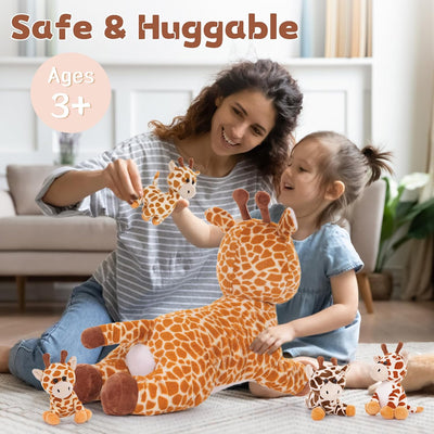 MorisMos 55cm lang riesen Giraffe Kuscheltier gross, Giraffe Stofftier XXL mit 4 Plüschbaby im Bauch