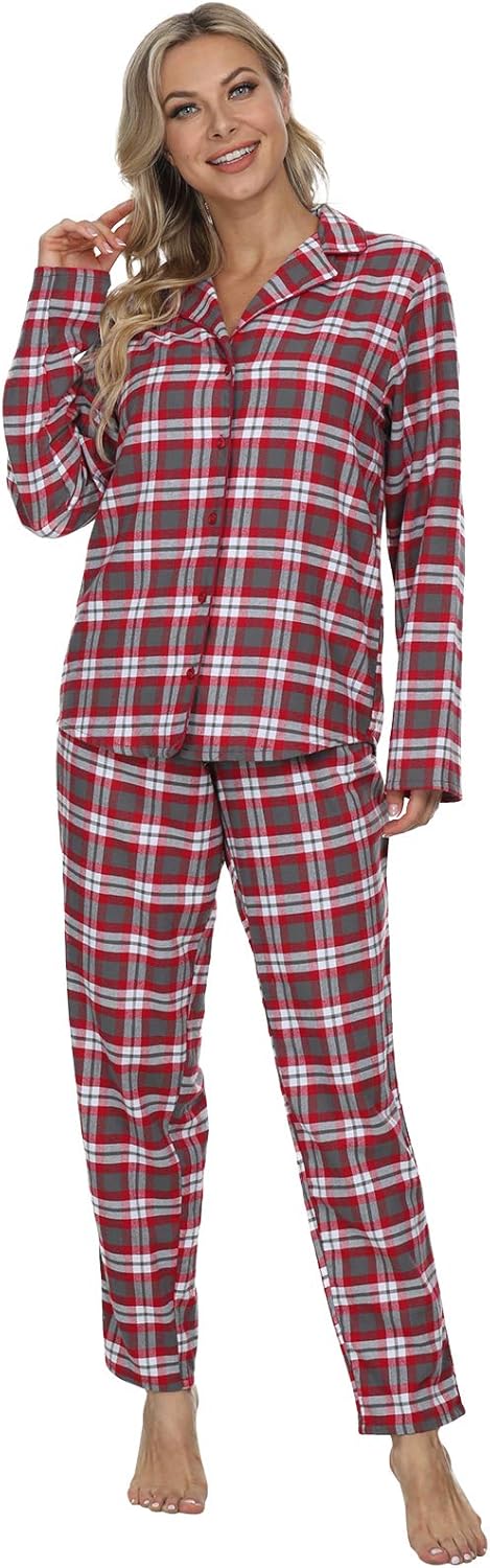 Mnemo Home Damen Schlafanzug Lang Flanell Pyjama Damen 100% Baumwolle aus Flanell Rot M, Rot M