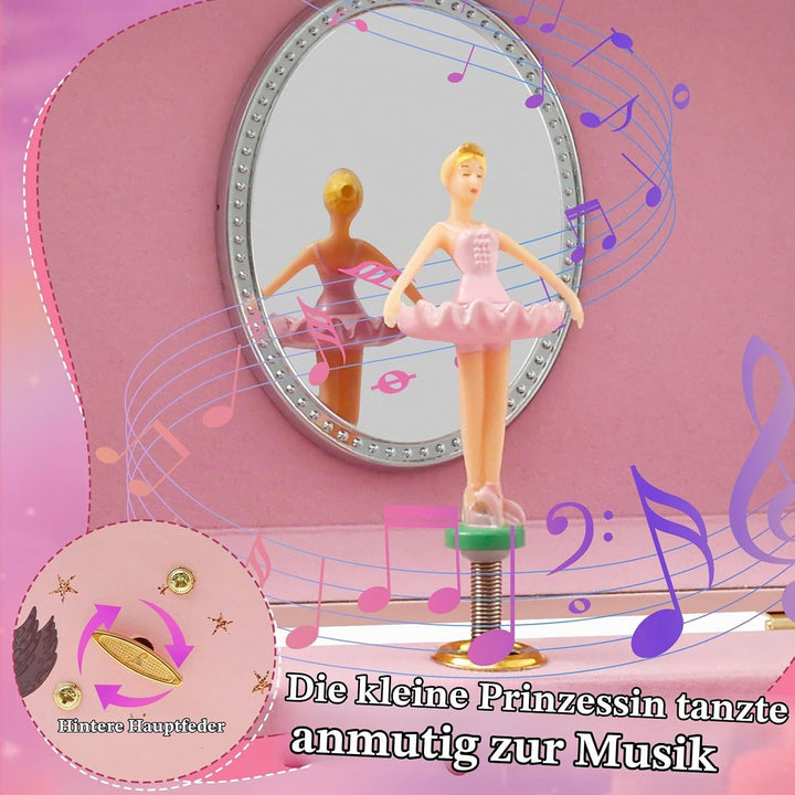 Musikalisches Schmuckkästchen Kinder Spieluhr mit Drehendem Einhorn Ballettmädchen Spiegel Schublade