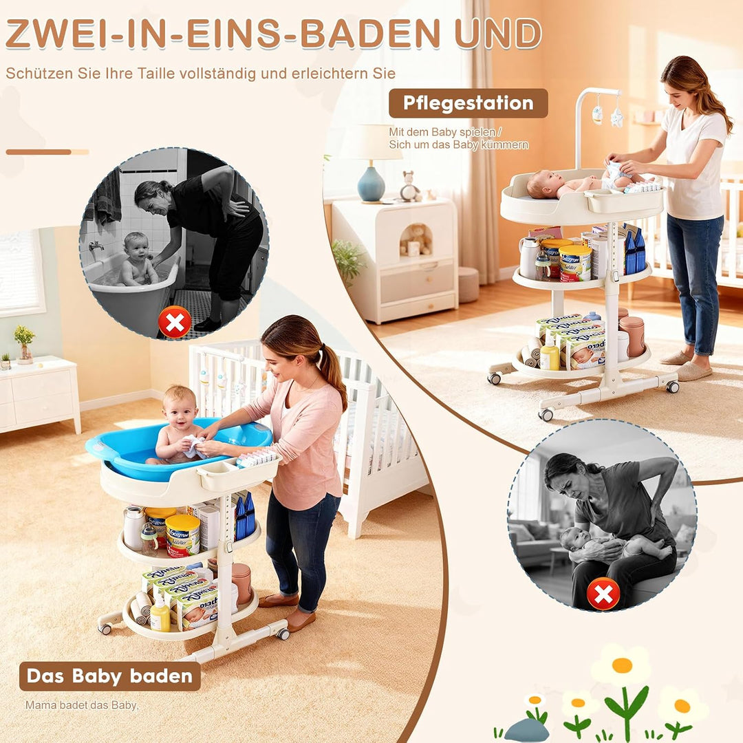 Wickeltisch, Wickelkommode für Baby, Höhenverstellbare Mobiler Baby Wickeltisch mit Stauraum, Tragba