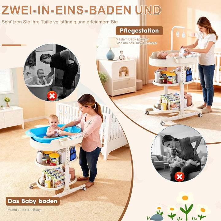Wickeltisch, Wickelkommode für Baby, Höhenverstellbare Mobiler Baby Wickeltisch mit Stauraum, Tragba