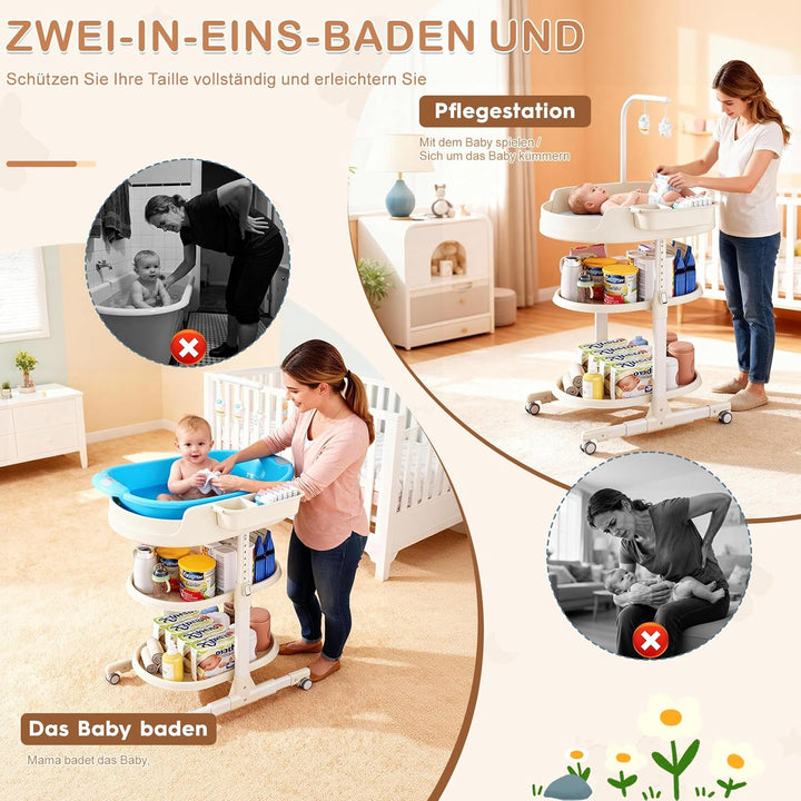 Wickeltisch, Wickelkommode für Baby, Höhenverstellbare Mobiler Baby Wickeltisch mit Stauraum, Tragba