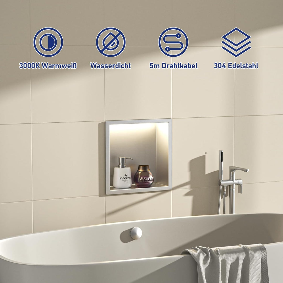 Edelstahl Duschnische 300mm X 300mm Gebürstet mit LED-Licht Wasserdicht Keine Fliesen Benötigte Wand