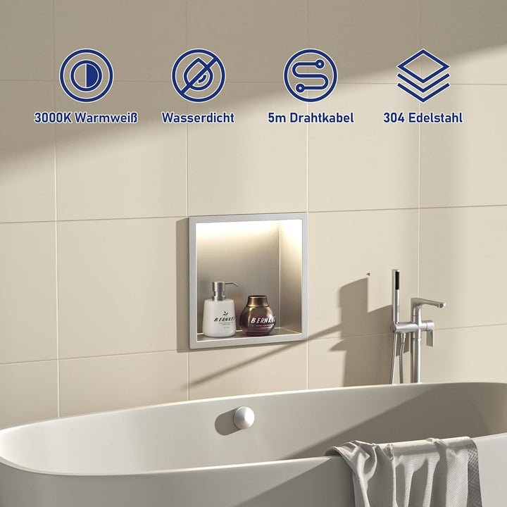 Edelstahl Duschnische 300mm X 300mm Gebürstet mit LED-Licht Wasserdicht Keine Fliesen Benötigte Wand